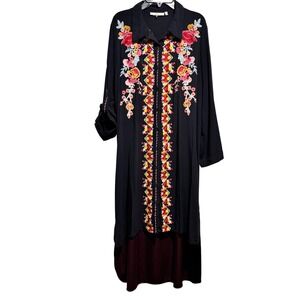 Andree by UNIT Embroidered Black Shirt Dress Tunic Velvet Trim Size L